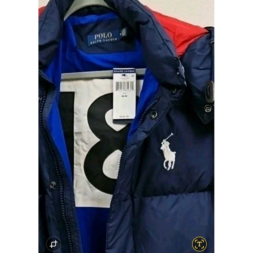 Polo Ralph Lauren Navy Red USA #18 Big Pony Down Hooded Puffer Jacket Coat M NWT